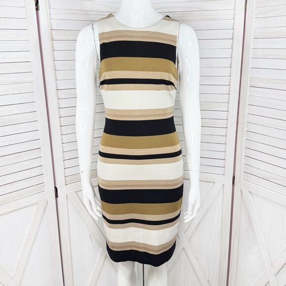 Banana Republic Striped Ponte Knit V Back Sheath Dress Tan Cream Size 0 - Picture 1 of 13
